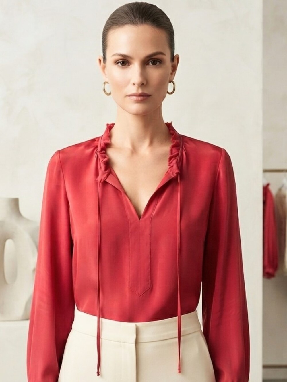 Kobi Halperin Red 100% Silk Ruffle Neck Long Sleeve Blouse medium